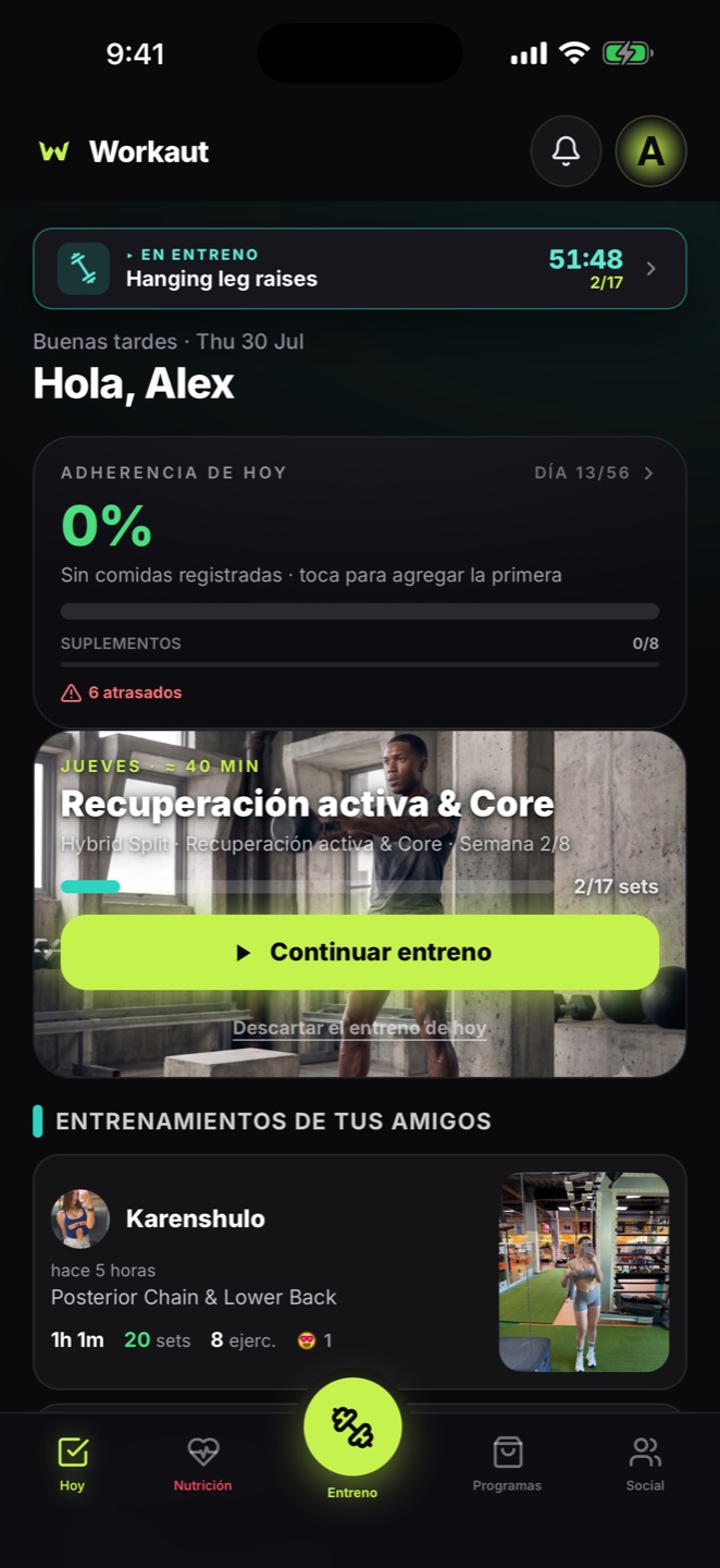 Pantalla de inicio de Workaut: el entreno de hoy, tu adherencia y las sesiones de tus amigos